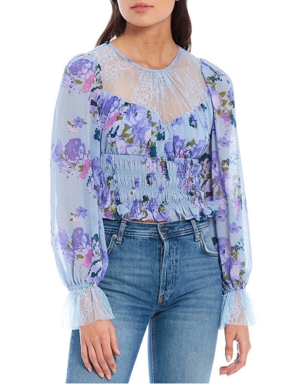 Free People Sheer Lace-Yoke Smocked Floral Blouse in Light Blue